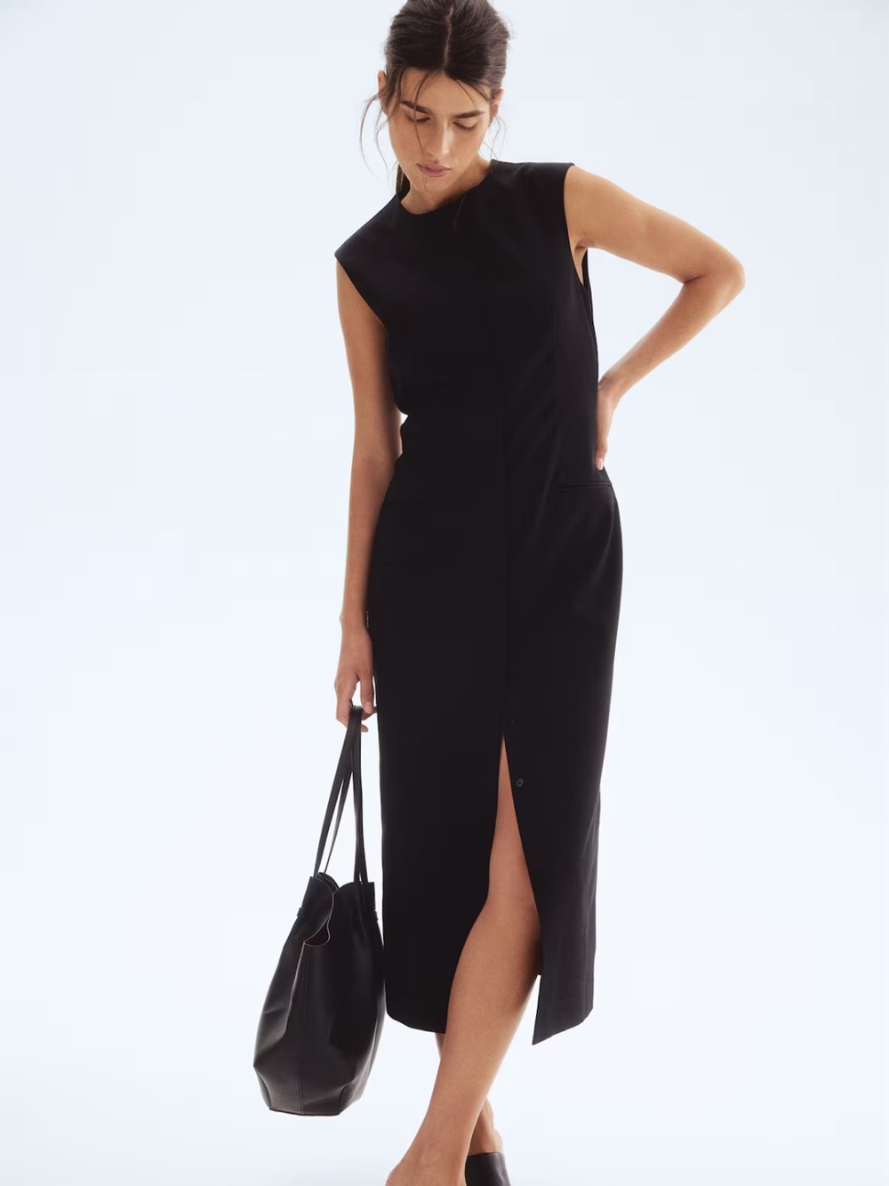 H&M Sleeveless Black Midi Dress with Front Slit